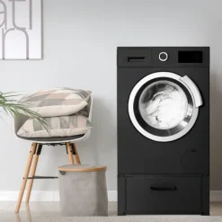 ML-Design Waschmaschinen Untergestell mit Schublade 63x54cm Stahl Schwarz bis 150kg, Waschmaschinen-Unterschrank, Stabiler Waschmaschinensockel, H=31,5cm Podest Erhöhung Unterbau Trockner/Kühlschrank