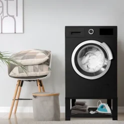 ML-Design Waschmaschinen Untergestell mit Ablage 63x54 cm Stahl Schwarz bis 150kg, Waschmaschinen-Unterschrank, Stabiler Waschmaschinensockel, 32cm hohes Podest Erhöhung Unterbau Trockner/Kühlschrank