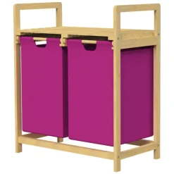 ML-Design Wäschekorb aus Bambus, Magenta, Wäschebox mit 2 Fächern, Wäschesammler mit 2 ausziehbaren Wäschesäcken 60 L, Wäschetruhe mit Ablage, Wäschesortierer für Badezimmer, Wäschetonne mit Regal