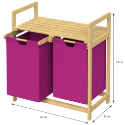 ML-Design Wäschekorb aus Bambus, Magenta, Wäschebox mit 2 Fächern, Wäschesammler mit 2 ausziehbaren Wäschesäcken 60 L, Wäschetruhe mit Ablage, Wäschesortierer für Badezimmer, Wäschetonne mit Regal
