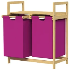 ML-Design Wäschekorb aus Bambus, Magenta, Wäschebox mit 2 Fächern, Wäschesammler mit 2 ausziehbaren Wäschesäcken 60 L, Wäschetruhe mit Ablage, Wäschesortierer für Badezimmer, Wäschetonne mit Regal