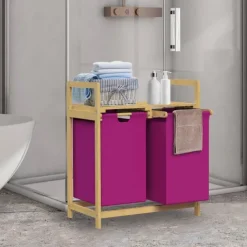 ML-Design Wäschekorb aus Bambus, Magenta, Wäschebox mit 2 Fächern, Wäschesammler mit 2 ausziehbaren Wäschesäcken 60 L, Wäschetruhe mit Ablage, Wäschesortierer für Badezimmer, Wäschetonne mit Regal