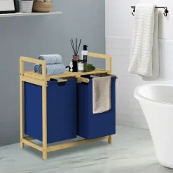 ML-Design Wäschekorb aus Bambus, Dunkelblau, Wäschebox mit 2 Fächern, Wäschesammler mit 2 ausziehbaren Wäschesäcken 60 L, Wäschetruhe mit Ablage, Wäschesortierer für Badezimmer, Wäschetonne mit Regal