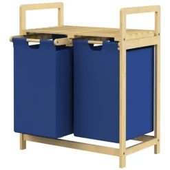 ML-Design Wäschekorb aus Bambus, Dunkelblau, Wäschebox mit 2 Fächern, Wäschesammler mit 2 ausziehbaren Wäschesäcken 60 L, Wäschetruhe mit Ablage, Wäschesortierer für Badezimmer, Wäschetonne mit Regal