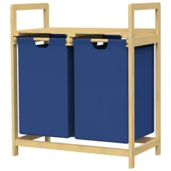 ML-Design Wäschekorb aus Bambus, Dunkelblau, Wäschebox mit 2 Fächern, Wäschesammler mit 2 ausziehbaren Wäschesäcken 60 L, Wäschetruhe mit Ablage, Wäschesortierer für Badezimmer, Wäschetonne mit Regal