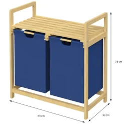 ML-Design Wäschekorb aus Bambus, Dunkelblau, Wäschebox mit 2 Fächern, Wäschesammler mit 2 ausziehbaren Wäschesäcken 60 L, Wäschetruhe mit Ablage, Wäschesortierer für Badezimmer, Wäschetonne mit Regal