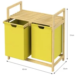 ML-Design Wäschekorb aus Bambus, Gelb, Wäschebox mit 2 Fächern, Wäschesammler mit 2 ausziehbaren Wäschesäcken 60 L, Wäschetruhe mit Ablage, Wäschesortierer für Badezimmer, Wäschetonne mit Regal