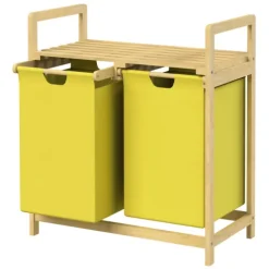ML-Design Wäschekorb aus Bambus, Gelb, Wäschebox mit 2 Fächern, Wäschesammler mit 2 ausziehbaren Wäschesäcken 60 L, Wäschetruhe mit Ablage, Wäschesortierer für Badezimmer, Wäschetonne mit Regal