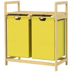 ML-Design Wäschekorb aus Bambus, Gelb, Wäschebox mit 2 Fächern, Wäschesammler mit 2 ausziehbaren Wäschesäcken 60 L, Wäschetruhe mit Ablage, Wäschesortierer für Badezimmer, Wäschetonne mit Regal