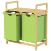 ML-Design Wäschekorb aus Bambus, Grün, Wäschebox mit 2 Fächern, Wäschesammler mit 2 ausziehbaren Wäschesäcken 60 L, Wäschetruhe mit Ablage, Wäschesortierer für Badezimmer, Wäschetonne mit Regal