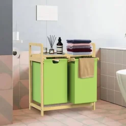 ML-Design Wäschekorb aus Bambus, Grün, Wäschebox mit 2 Fächern, Wäschesammler mit 2 ausziehbaren Wäschesäcken 60 L, Wäschetruhe mit Ablage, Wäschesortierer für Badezimmer, Wäschetonne mit Regal