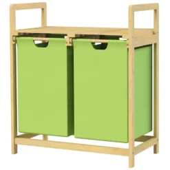 ML-Design Wäschekorb aus Bambus, Grün, Wäschebox mit 2 Fächern, Wäschesammler mit 2 ausziehbaren Wäschesäcken 60 L, Wäschetruhe mit Ablage, Wäschesortierer für Badezimmer, Wäschetonne mit Regal