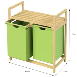 ML-Design Wäschekorb aus Bambus, Grün, Wäschebox mit 2 Fächern, Wäschesammler mit 2 ausziehbaren Wäschesäcken 60 L, Wäschetruhe mit Ablage, Wäschesortierer für Badezimmer, Wäschetonne mit Regal