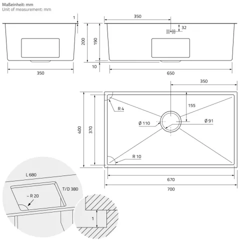 ML-Design XXL Spülbecken Edelstahl 70x40 cm, Küchenspüle Rechteckig, 1 Becken, Einbauspüle Unterbauspüle, Edelstahlspüle mit Ab- und Überlaufgarnitur, Einzelbecken mit Siphon, Waschbecken Küche Spüle