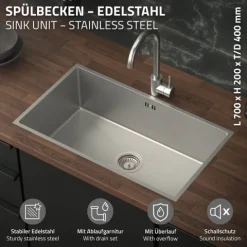 ML-Design XXL Spülbecken Edelstahl 70x40 cm, Küchenspüle Rechteckig, 1 Becken, Einbauspüle Unterbauspüle, Edelstahlspüle mit Ab- und Überlaufgarnitur, Einzelbecken mit Siphon, Waschbecken Küche Spüle