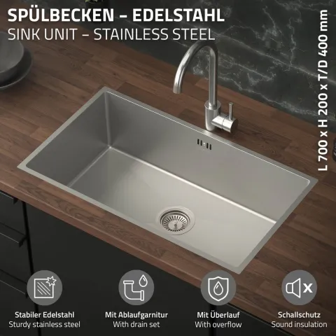 ML-Design XXL Spülbecken Edelstahl 70x40 cm, Küchenspüle Rechteckig, 1 Becken, Einbauspüle Unterbauspüle, Edelstahlspüle mit Ab- und Überlaufgarnitur, Einzelbecken mit Siphon, Waschbecken Küche Spüle