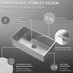 ML-Design XXL Spülbecken Edelstahl 70x40 cm, Küchenspüle Rechteckig, 1 Becken, Einbauspüle Unterbauspüle, Edelstahlspüle mit Ab- und Überlaufgarnitur, Einzelbecken mit Siphon, Waschbecken Küche Spüle