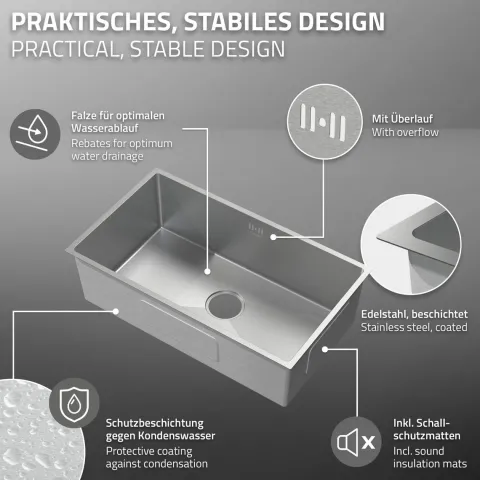 ML-Design XXL Spülbecken Edelstahl 70x40 cm, Küchenspüle Rechteckig, 1 Becken, Einbauspüle Unterbauspüle, Edelstahlspüle mit Ab- und Überlaufgarnitur, Einzelbecken mit Siphon, Waschbecken Küche Spüle