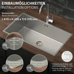 ML-Design XXL Spülbecken Edelstahl 70x40 cm, Küchenspüle Rechteckig, 1 Becken, Einbauspüle Unterbauspüle, Edelstahlspüle mit Ab- und Überlaufgarnitur, Einzelbecken mit Siphon, Waschbecken Küche Spüle
