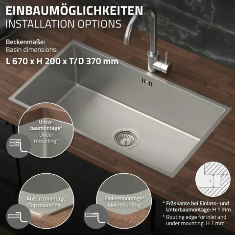 ML-Design XXL Spülbecken Edelstahl 70x40 cm, Küchenspüle Rechteckig, 1 Becken, Einbauspüle Unterbauspüle, Edelstahlspüle mit Ab- und Überlaufgarnitur, Einzelbecken mit Siphon, Waschbecken Küche Spüle