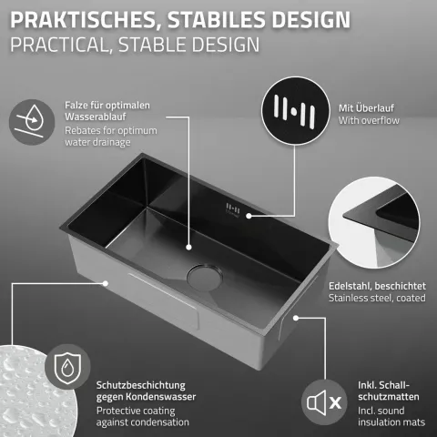 ML-Design XXL Spülbecken Edelstahl 70x40 cm Anthrazit, Küchenspüle eckig, 1 Becken Einbauspüle Unterbauspüle Edelstahlspüle mit Ab- und Überlaufgarnitur Einzelbecken mit Siphon Waschbecken Küche Spüle