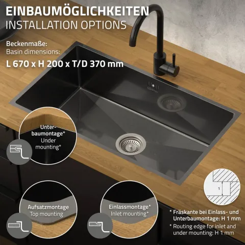 ML-Design XXL Spülbecken Edelstahl 70x40 cm Anthrazit, Küchenspüle eckig, 1 Becken Einbauspüle Unterbauspüle Edelstahlspüle mit Ab- und Überlaufgarnitur Einzelbecken mit Siphon Waschbecken Küche Spüle