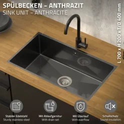 ML-Design XXL Spülbecken Edelstahl 70x40 cm Anthrazit, Küchenspüle eckig, 1 Becken Einbauspüle Unterbauspüle Edelstahlspüle mit Ab- und Überlaufgarnitur Einzelbecken mit Siphon Waschbecken Küche Spüle