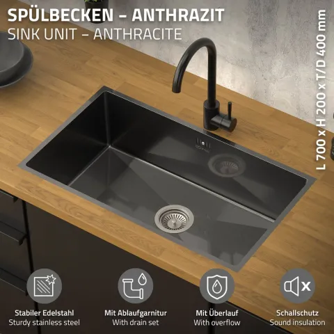 ML-Design XXL Spülbecken Edelstahl 70x40 cm Anthrazit, Küchenspüle eckig, 1 Becken Einbauspüle Unterbauspüle Edelstahlspüle mit Ab- und Überlaufgarnitur Einzelbecken mit Siphon Waschbecken Küche Spüle