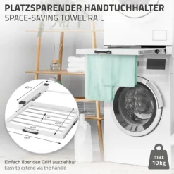 ML-Design Zwischenbaurahmen mit Wäscheleine, Stahl 60,5x54,5cm Weiß, Waschmaschine/Trockner Verbindungsrahmen, Zwischenbausatz mit ausziehbarer Handtuchhalter, Zwischenrahmen Universal, Trocknersäule