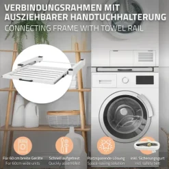 ML-Design Zwischenbaurahmen mit Wäscheleine, Stahl 60,5x54,5cm Weiß, Waschmaschine/Trockner Verbindungsrahmen, Zwischenbausatz mit ausziehbarer Handtuchhalter, Zwischenrahmen Universal, Trocknersäule