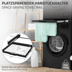 ML-Design Zwischenbaurahmen mit Wäscheleine Stahl 60,5x54,5cm Schwarz, Waschmaschine/Trockner Verbindungsrahmen Zwischenbausatz mit ausziehbarer Handtuchhalter Trocknersäule Zwischenrahmen Universal