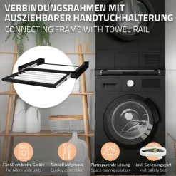 ML-Design Zwischenbaurahmen mit Wäscheleine Stahl 60,5x54,5cm Schwarz, Waschmaschine/Trockner Verbindungsrahmen Zwischenbausatz mit ausziehbarer Handtuchhalter Trocknersäule Zwischenrahmen Universal