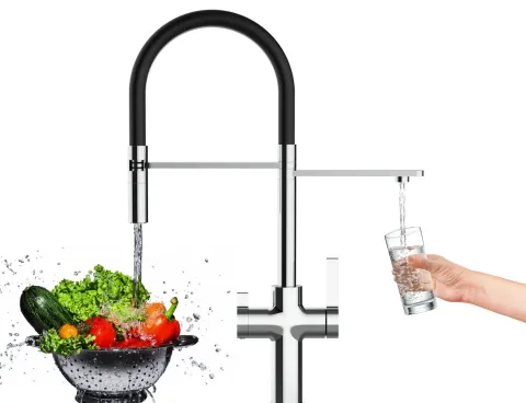 NIEDERDRUCK 3 Wege Wasserhahn Küchenarmatur, FC, mit 360° schwenkbarem Auslauf, abnehmbare 2 strahl Handbrause, Verchromt / Schwarz