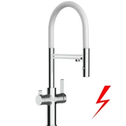 NIEDERDRUCK 3 Wege Wasserhahn Küchenarmatur, FC, mit 360° schwenkbarem Auslauf, abnehmbare 2 strahl Handbrause, Verchromt / Weiß