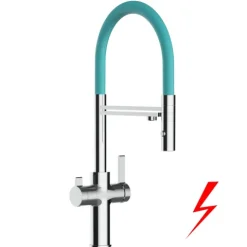 NIEDERDRUCK 3 Wege Wasserhahn Küchenarmatur, FC, mit 360° schwenkbarem Auslauf, abnehmbare 2 strahl Handbrause, Verchromt / Türkis