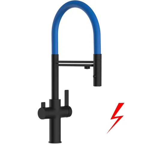 NIEDERDRUCK 3 Wege Wasserhahn Küchenarmatur, FC, mit 360° schwenkbarem Auslauf, abnehmbare 2 strahl Handbrause, Schwarz Matt / Blau