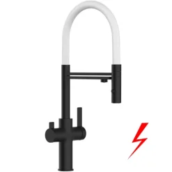 NIEDERDRUCK 3 Wege Wasserhahn Küchenarmatur, FC, mit 360° schwenkbarem Auslauf, abnehmbare 2 strahl Handbrause, Schwarz Matt / Weiß