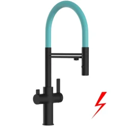 NIEDERDRUCK 3 Wege Wasserhahn Küchenarmatur, FC, mit 360° schwenkbarem Auslauf, abnehmbare 2 strahl Handbrause, Schwarz Matt / Türkis