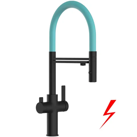 NIEDERDRUCK 3 Wege Wasserhahn Küchenarmatur, FC, mit 360° schwenkbarem Auslauf, abnehmbare 2 strahl Handbrause, Schwarz Matt / Türkis