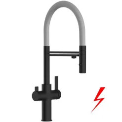 NIEDERDRUCK 3 Wege Wasserhahn Küchenarmatur, FC, mit 360° schwenkbarem Auslauf, abnehmbare 2 strahl Handbrause, Schwarz Matt / Grau
