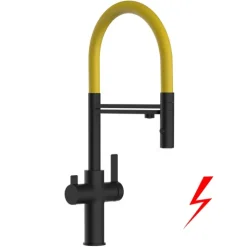 NIEDERDRUCK 3 Wege Wasserhahn Küchenarmatur, FC, mit 360° schwenkbarem Auslauf, abnehmbare 2 strahl Handbrause, Schwarz Matt / Gelb