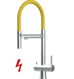 NIEDERDRUCK 3 Wege Wasserhahn Küchenarmatur, Edelstahl Massiv mit 360° schwenkbarem Auslauf, abnehmbare 2 strahl Handbrause, Gebürstet / Gelb