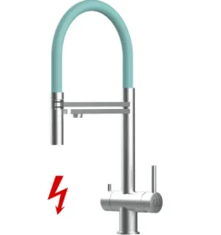 NIEDERDRUCK 3 Wege Wasserhahn Küchenarmatur, Edelstahl Massiv mit 360° schwenkbarem Auslauf, abnehmbare 2 strahl Handbrause, Gebürstet / Türkis