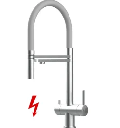 NIEDERDRUCK 3 Wege Wasserhahn Küchenarmatur, Edelstahl Massiv mit 360° schwenkbarem Auslauf, abnehmbare 2 strahl Handbrause, Gebürstet / Grau