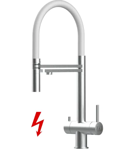 NIEDERDRUCK 3 Wege Wasserhahn Küchenarmatur, Edelstahl Massiv mit 360° schwenkbarem Auslauf, abnehmbare 2 strahl Handbrause, Gebürstet / Weiß