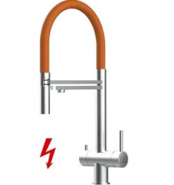NIEDERDRUCK 3 Wege Wasserhahn Küchenarmatur, Edelstahl Massiv mit 360° schwenkbarem Auslauf, abnehmbare 2 strahl Handbrause, Gebürstet / Orange
