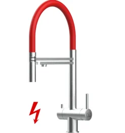 NIEDERDRUCK 3 Wege Wasserhahn Küchenarmatur, Edelstahl Massiv mit 360° schwenkbarem Auslauf, abnehmbare 2 strahl Handbrause, Gebürstet / Rot