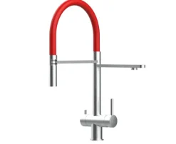 NIEDERDRUCK 3 Wege Wasserhahn Küchenarmatur, Edelstahl Massiv mit 360° schwenkbarem Auslauf, abnehmbare 2 strahl Handbrause, Gebürstet / Rot