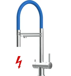 NIEDERDRUCK 3 Wege Wasserhahn Küchenarmatur, Edelstahl Massiv mit 360° schwenkbarem Auslauf, abnehmbare 2 strahl Handbrause, Gebürstet / Blau