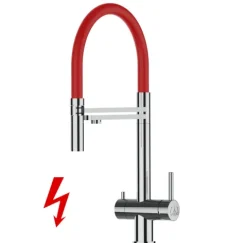 NIEDERDRUCK 3 Wege Wasserhahn Küchenarmatur, Edelstahl Massiv mit 360° schwenkbarem Auslauf, abnehmbare 2 strahl Handbrause, Hochglanz / Rot